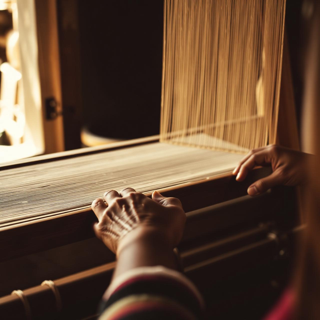 Artisan hands weaving silk on a traditional handloom